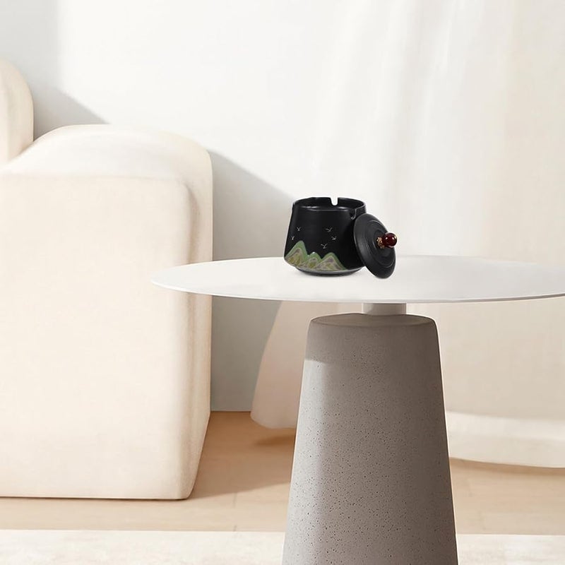 Hand Painted Ceramic Ashtray With Lid Windproof Outdoor Chinese Style Black Matte - Image 5